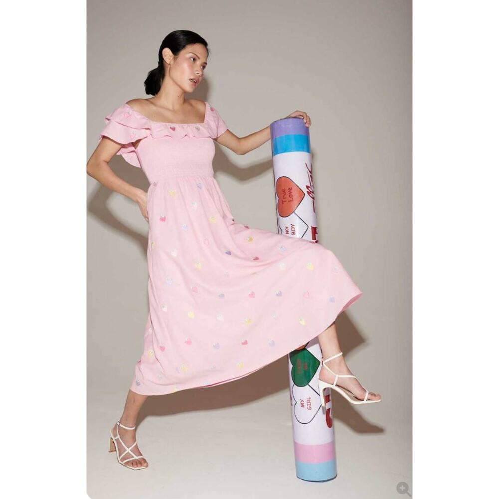 Olivia Rubin Talia Midi Pink Dress Womens Medium Strawberry Embroidery Summer